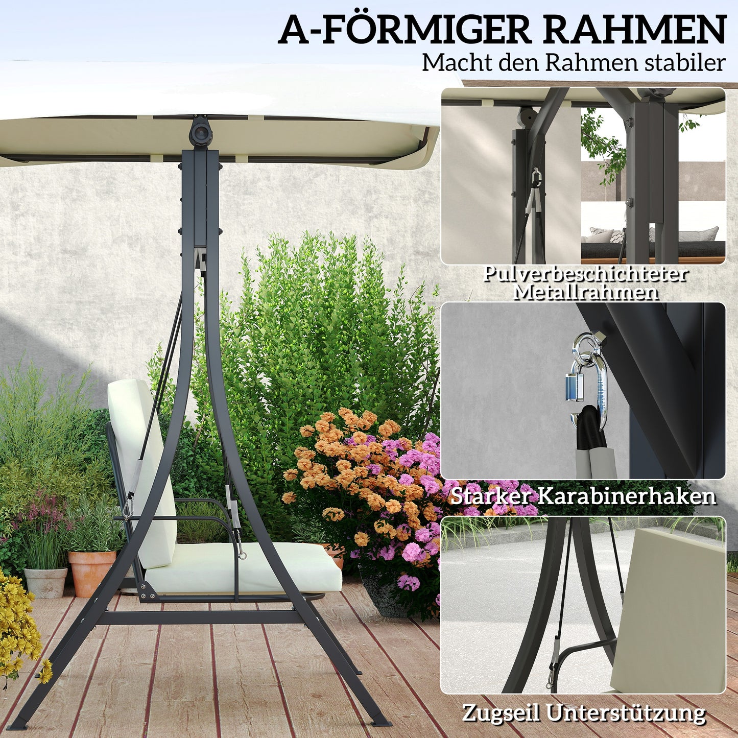 Outsunny Hollywoodschaukel mit verstellbarem Sonnendach Sitzauflage, 2-Sitzer bis 220kg 150x120x182cm, Cremeweiß