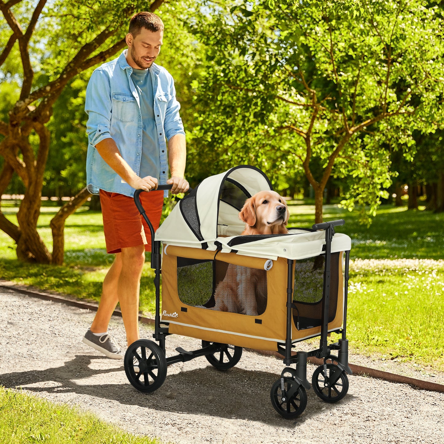 PawHut Hundewagen Hundebuggy klappbar für Hunde & Katzen bis 30 kg 110 x 65 x 102 cm Braun