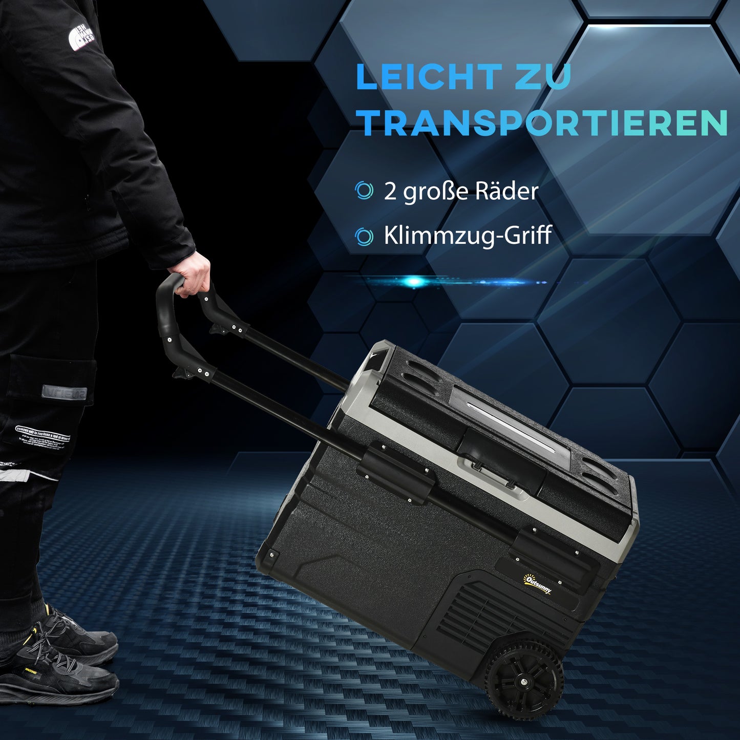 Outsunny Kühlbox Auto 40L mit LED-Beleuchtung Kompressor Autokühlschrank mit Griffe Transportrollen Boot Camper Reisen 12/24V DC und 110-240V AC Grau+Schwarz