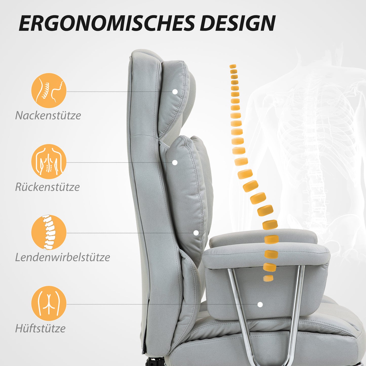HOMCOM Ergonomischer Bürostuhl, gepolstert, mit Fußstütze, verstellbarer Lehne, 360° drehbar, Hellgrau