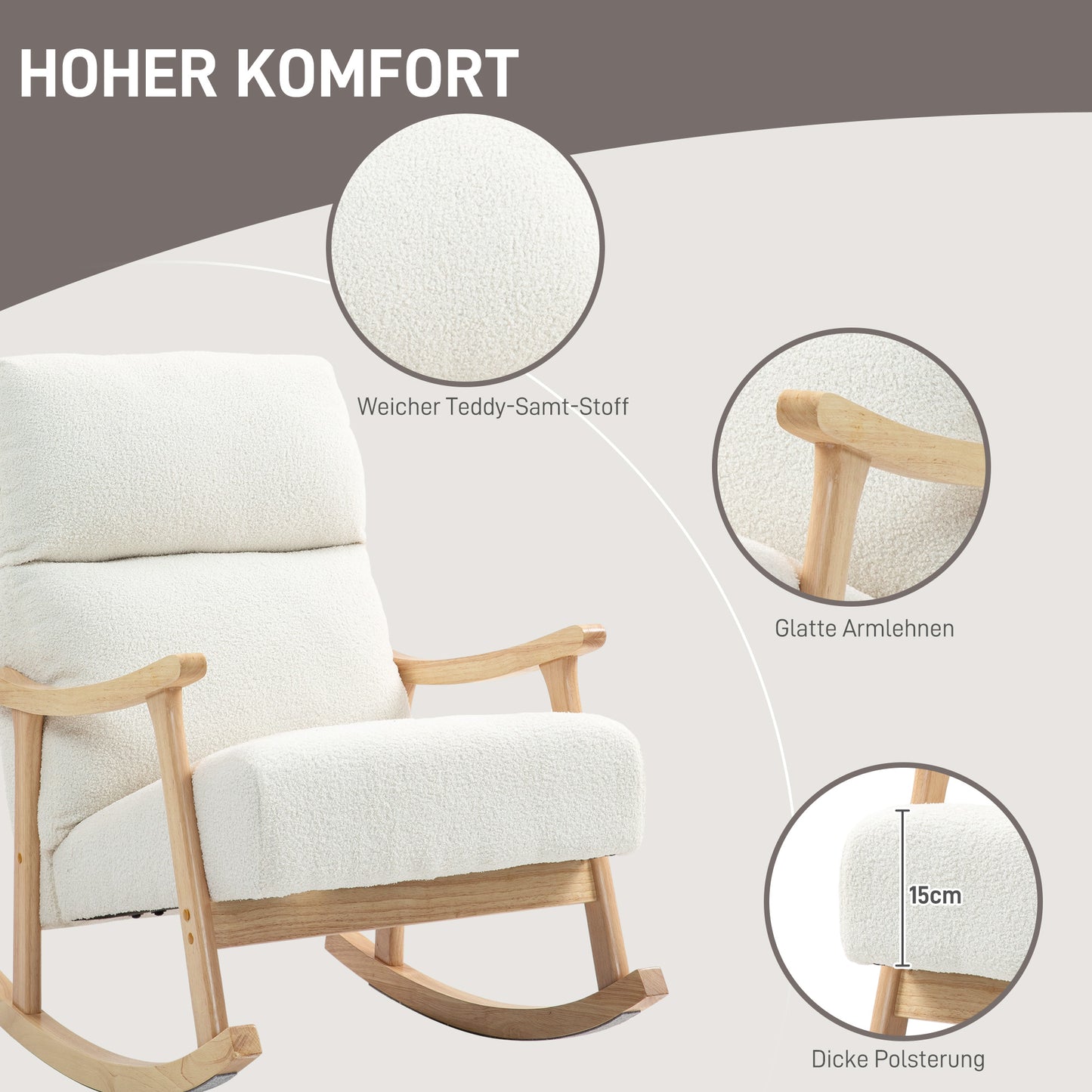 HOMCOM Schaukelstuhl، Stoffbezug in Samtoptik، Ergonomische Rückenlehne، 120 كجم Belastbarkeit، 65B x 90T x 98H سم، Cremeweiß