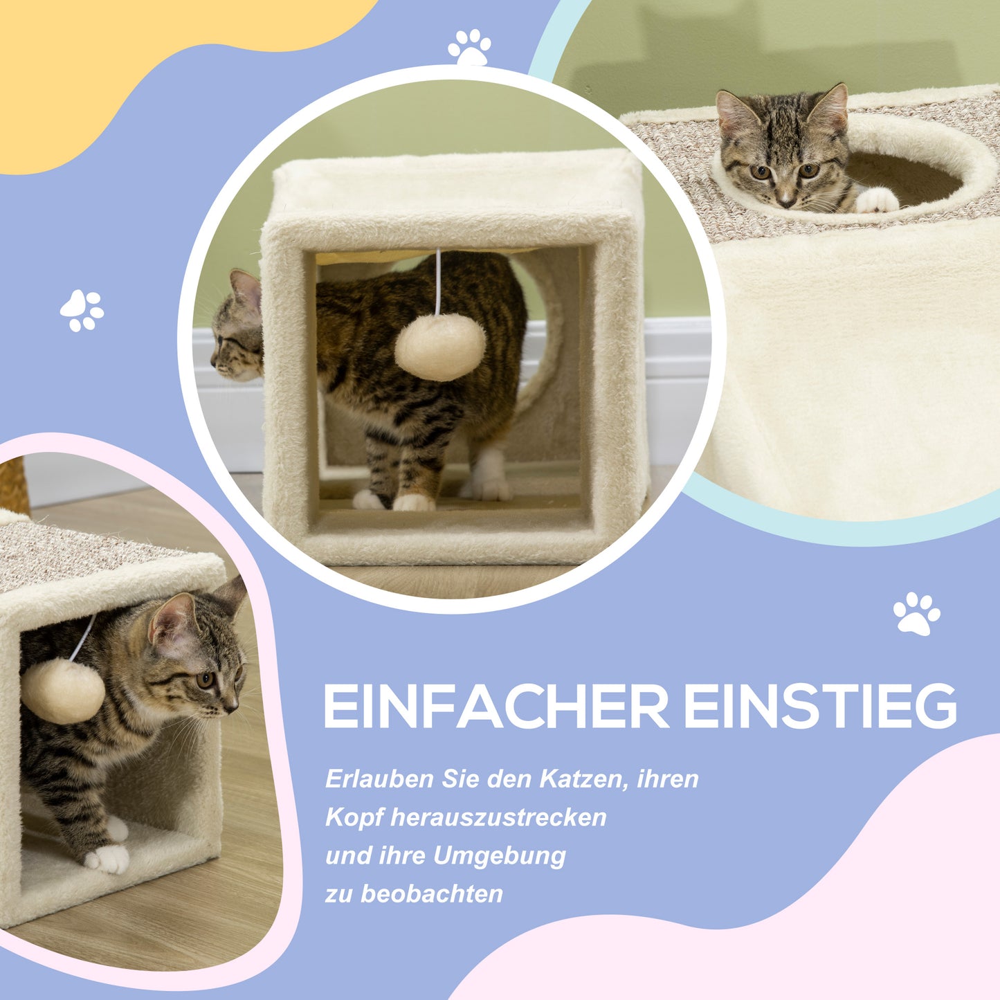 PawHut Katzentunnel, 2 Katzenhöhlen, Kratzflächen und Ballspielzeug, 98 cm x 30 cm x 30 cm, Braun + Beige