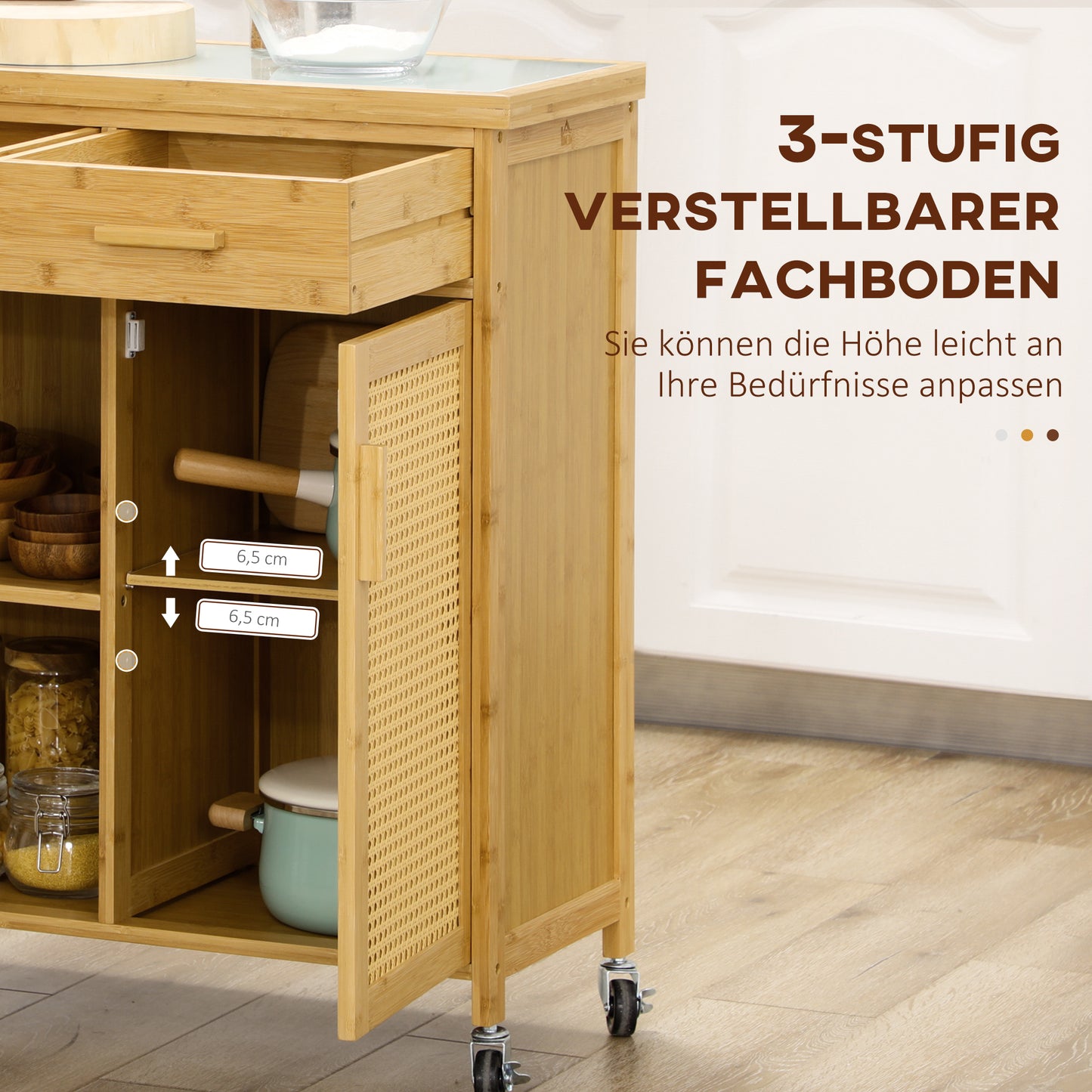 HOMCOM Küchenwagen aus Bambus, Mehrzweckwagen, Sevierwagen, 2 Schubladen, 1 Schrank, 2 Regale, Natur