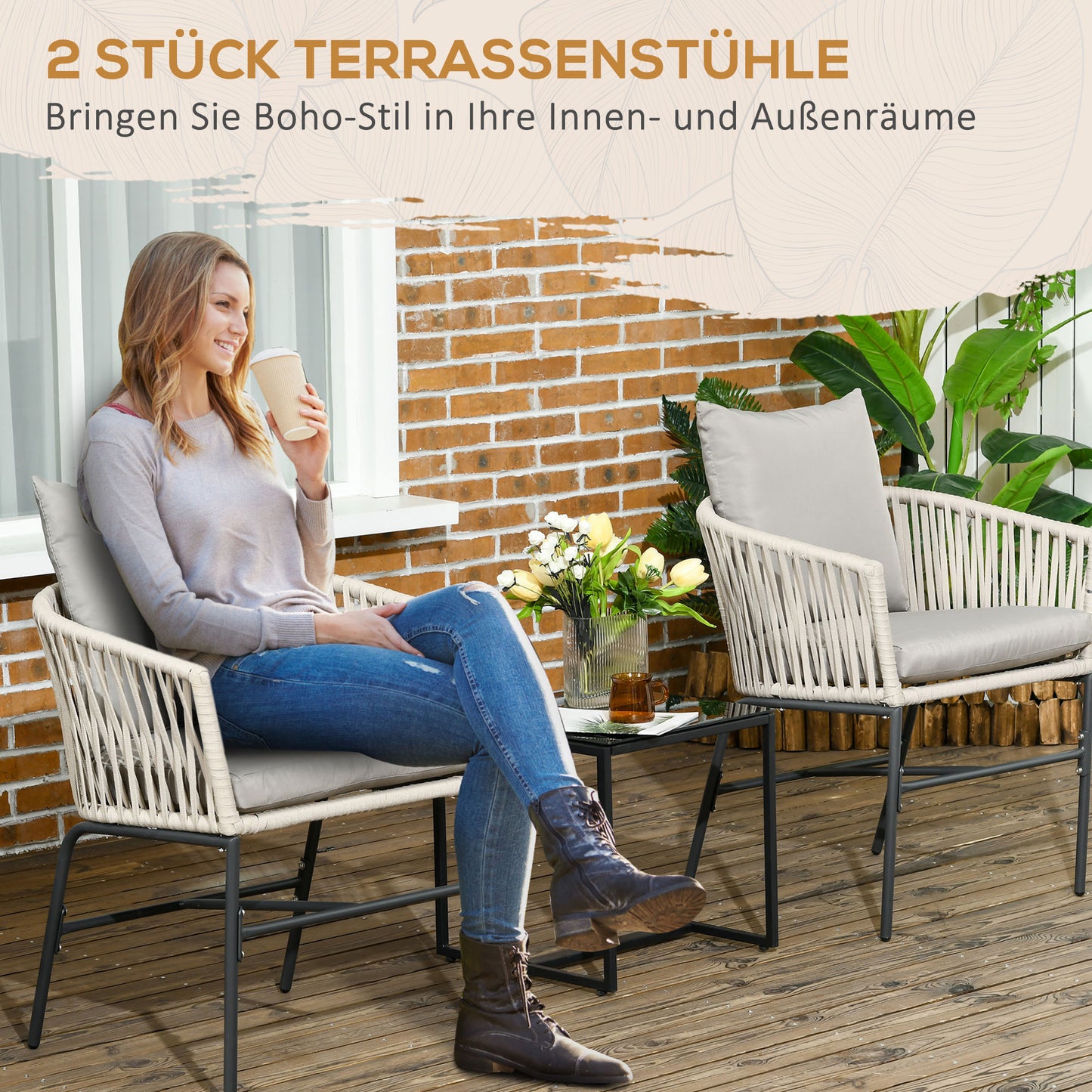 Outsunny Terrassenstuhl 2er-Set، Boho-Stil، bequeme Sitzschal، Sitzauflagen،washbarer Bezug، Metallrahmen، بيج