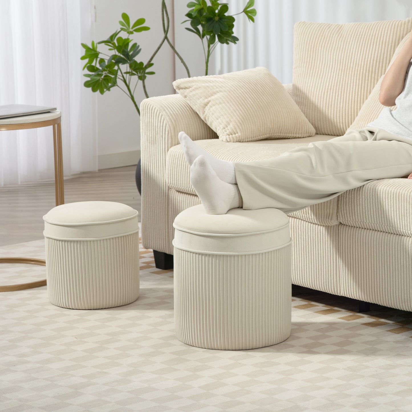 HOMCOM 2er Set Sitzhocker mit Stauraum Hocker mit Deckel, Runder Fußhocker mit Samtoptik 36 x 36 x 41,5 cm Cremeweiß