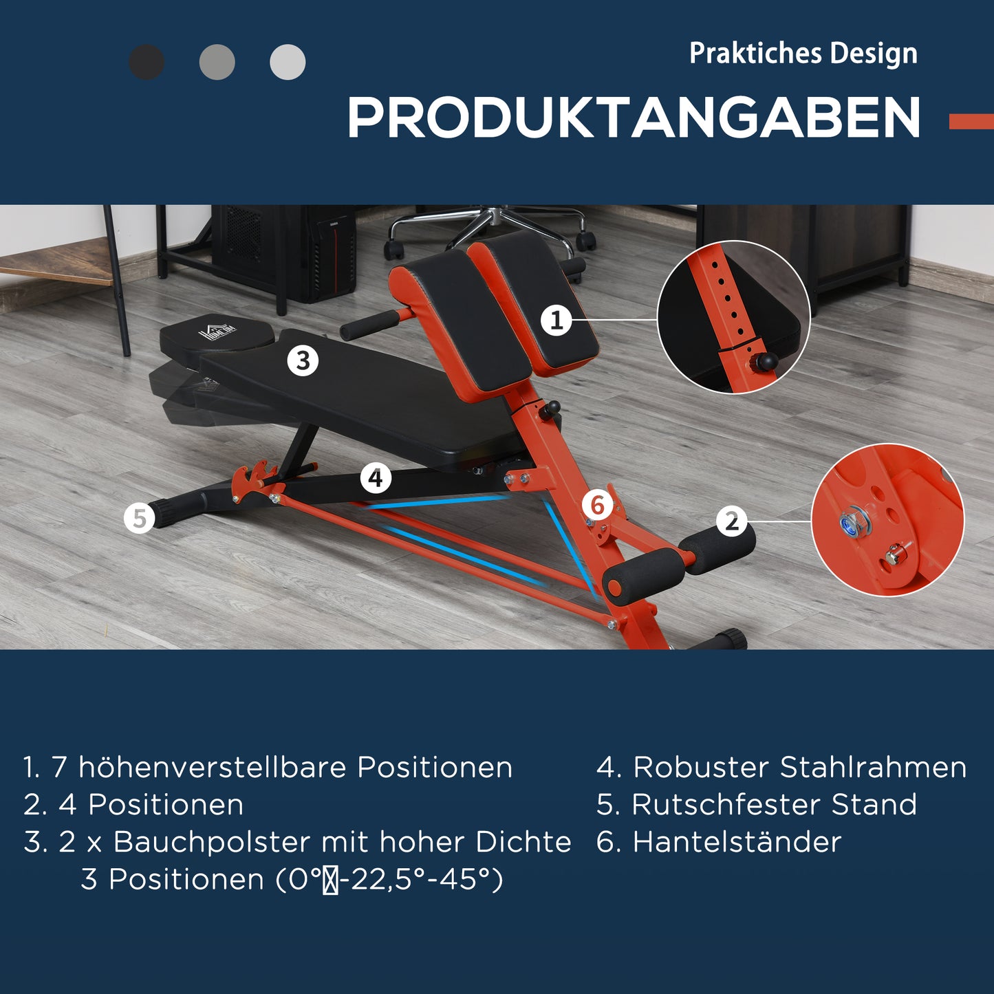 HOMCOM Hantelbank Fitnessbank Schrägbank Multifunktion Bauchtrainer Verstellbar Stahl Schwarz 64 x 146 x 73,5-85 cm