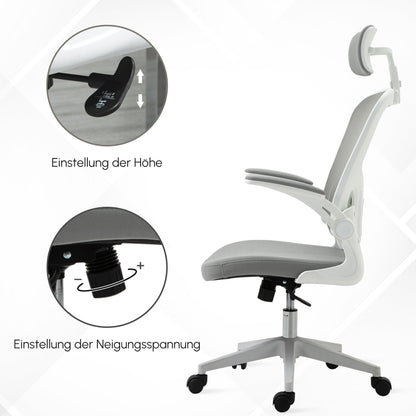 Vinsetto Bürostuhl ergonomischer Shreibtischstuhl mit Wippfunktion hoher Rückenlehne Lendenwirbelstütze Kopfstütze hochklappbarem Arm Home-Office Grau 65 x 64 x 114-122 cm