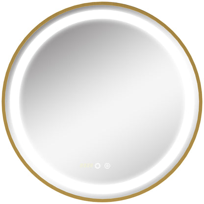 kleankin Runder Spiegel mit LED-Beleuchtung, Uhrzeitanzeige, Memoryfunktion, Gold + Silber