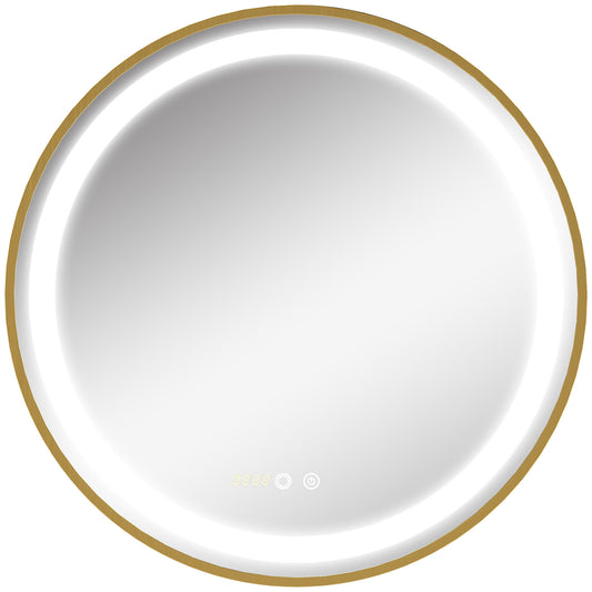 kleankin Runder Spiegel mit LED-Beleuchtung, Uhrzeitanzeige, Memoryfunktion, Gold + Silber
