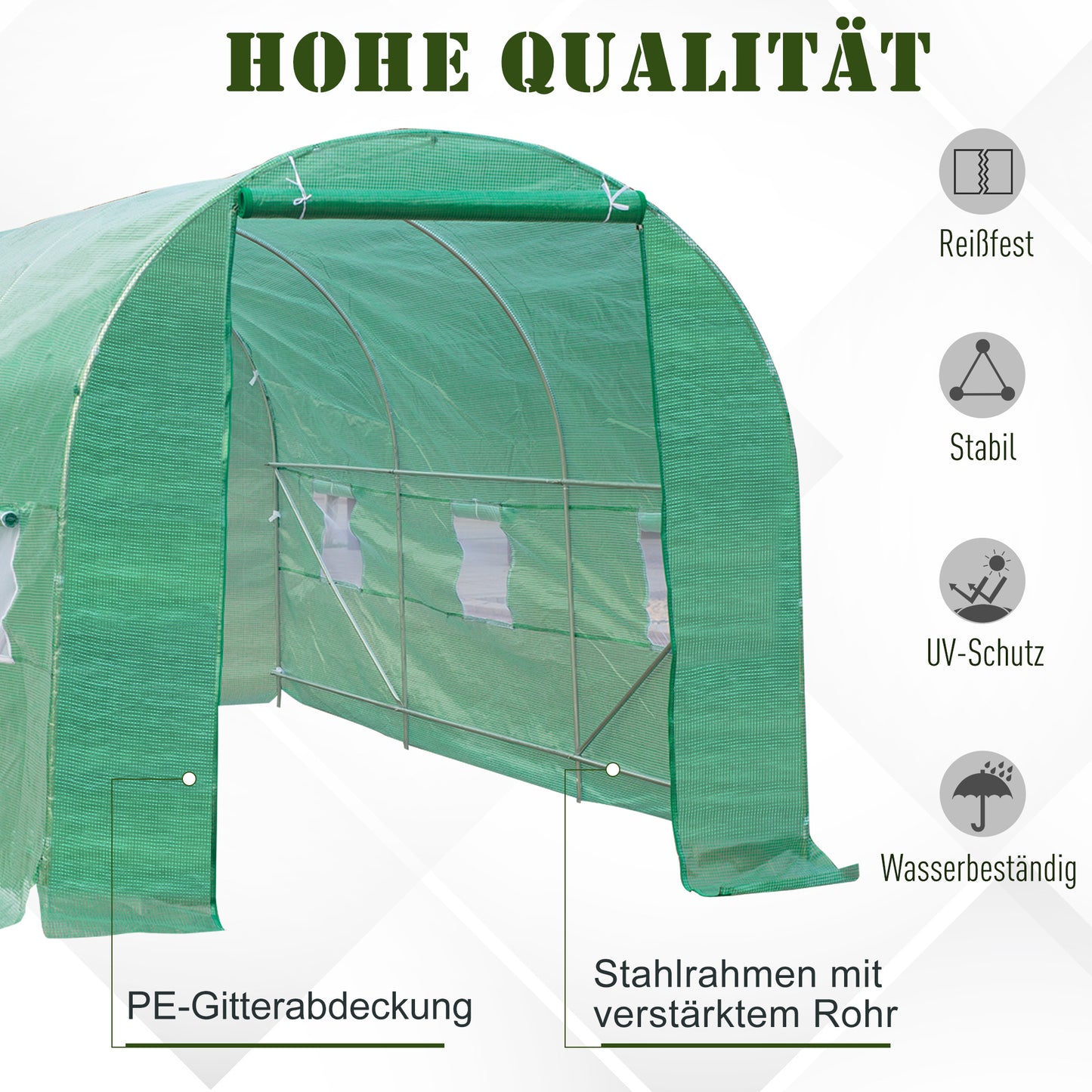 Outsunny Gewächshaus 445x190x200cm Foliengewächshaus Tomatenhaus Tür mit Moskitonetz, Fenster, Folientunnel aus verzinktem Stahl, stabiles Pflanztunnel, Treibhaus inkl. Erdanker Seilen, Grün