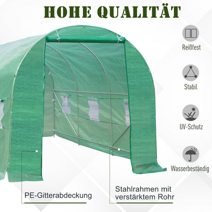 Outsunny Gewächshaus 445x190x200cm Foliengewächshaus Tomatenhaus Tür mit Moskitonetz, Fenster, Folientunnel aus verzinktem Stahl, stabiles Pflanztunnel, Treibhaus inkl. Erdanker Seilen, Grün