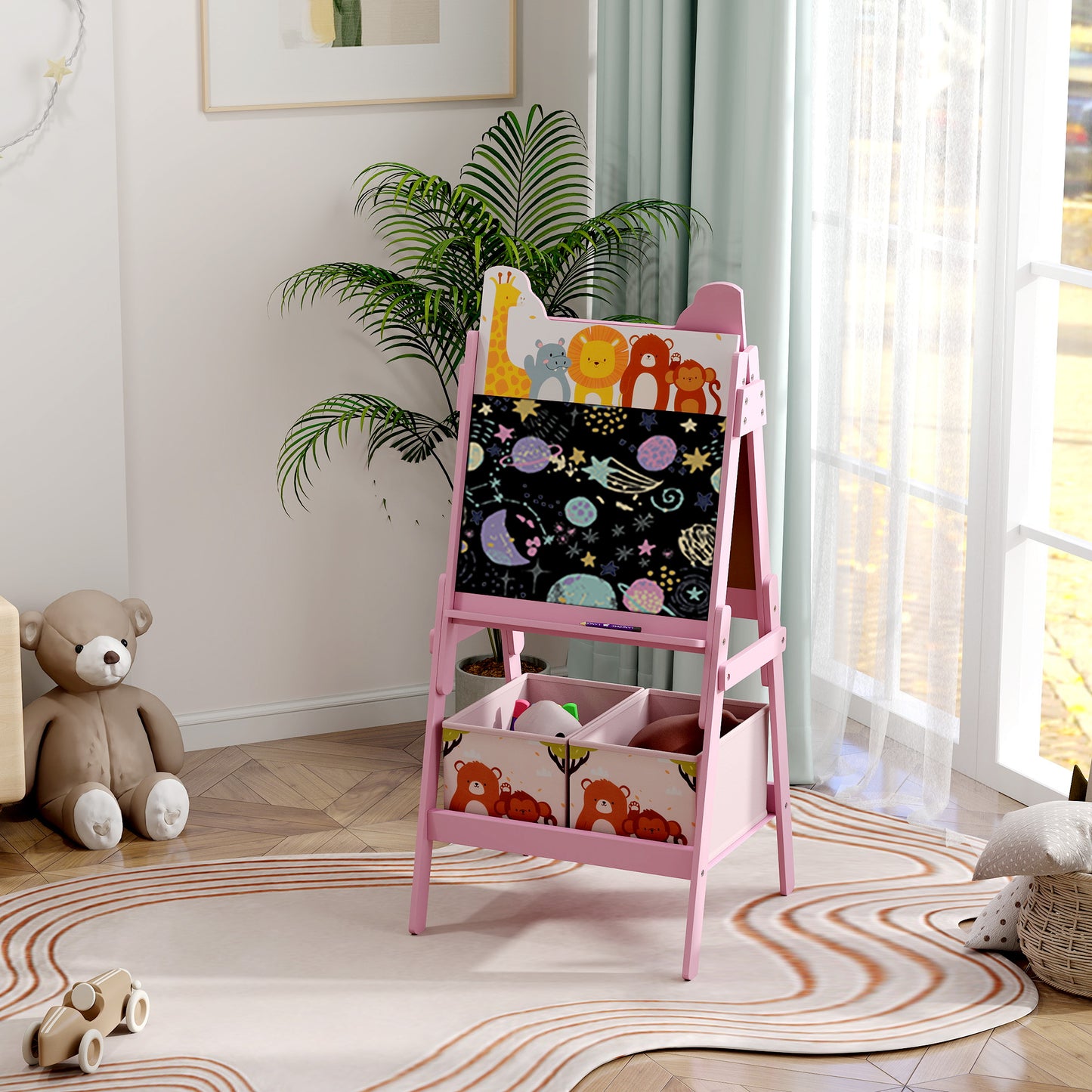 AIYAPLAY 2-in-1 Kindermalstaffelei mit Whiteboard, Kreidetafel, Aufbewahrungsboxen, für Kinder im Alter von 3-8 Jahren, Rosa