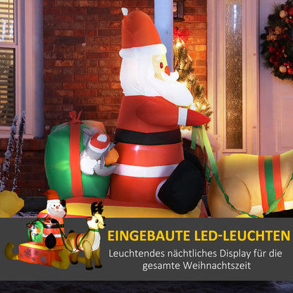 HOMCOM Aufblasbare Weihnachtsdeko, Weihnachtsmann mit Schlitten und Rentier, mit LED-Lichtern, für den Garten