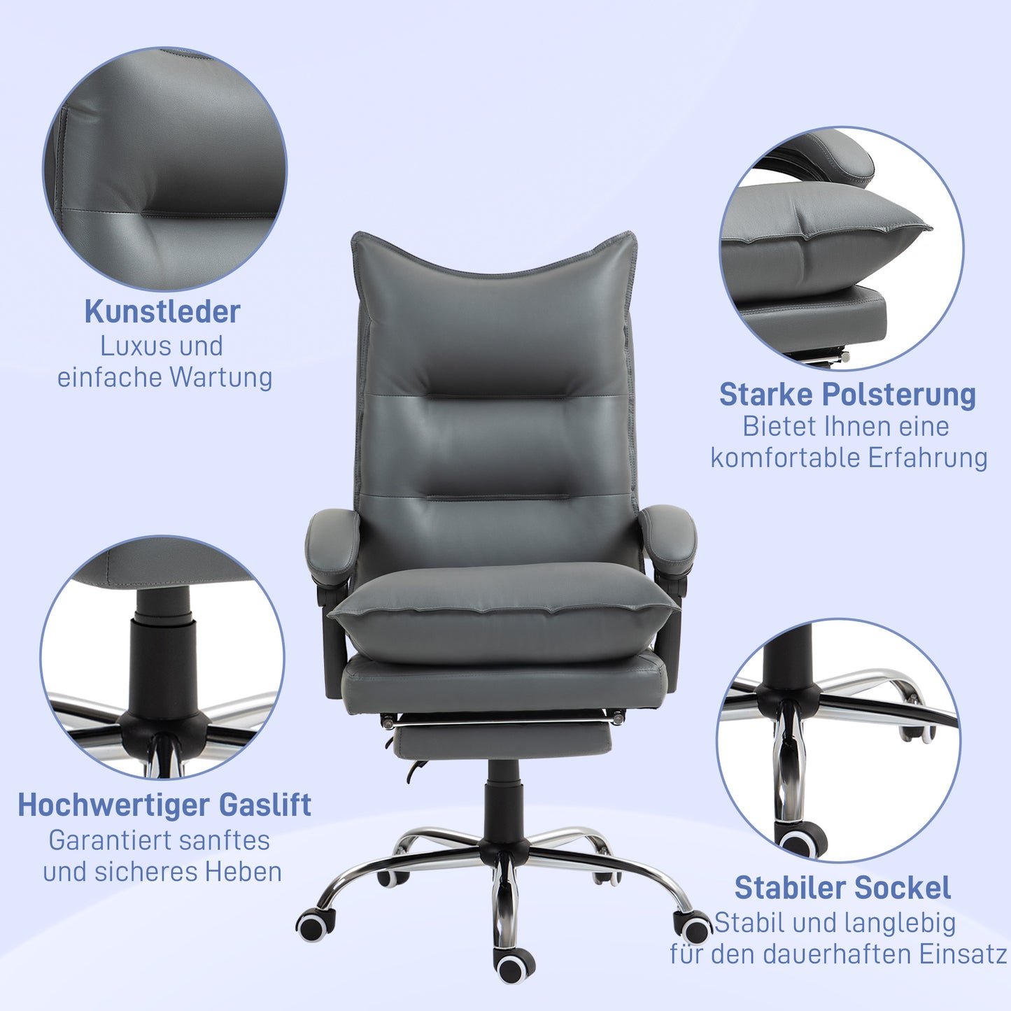 Vinsetto Ergonomischer Bürostuhl, verstellbare Sitzhöhe, neigbare Rückenlehne, Kunstleder, Dunkelgrau