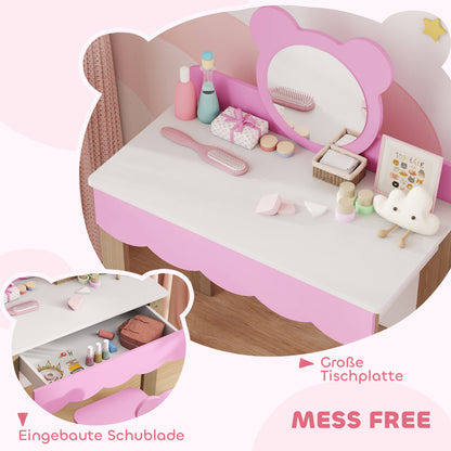 AIYAPLAY Frisiertisch-Set mit Hocker für Kinder, Schminkspiegel, Bärchenform, Schublade, MDF, Rosa