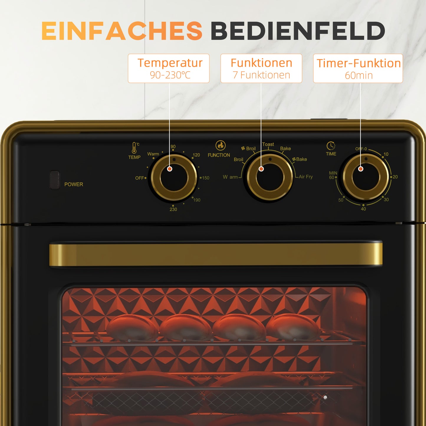 HOMCOM Mini-Backofen, 20 Liter, ölfreies Frittieren, Grillen, Backen, Umluft, 90-230° C, Timer, 1400W, schwarz+gold