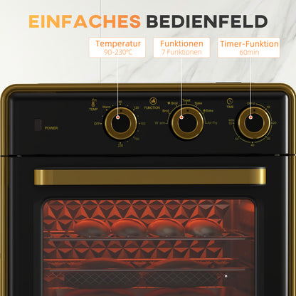 HOMCOM Mini-Backofen, 20 Liter, ölfreies Frittieren, Grillen, Backen, Umluft, 90-230° C, Timer, 1400W, schwarz+gold