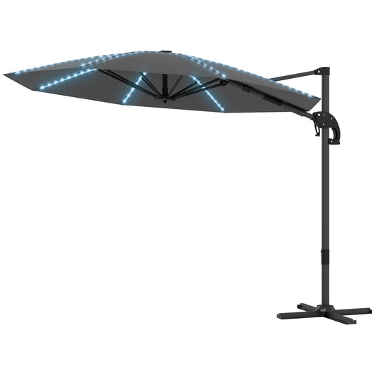Outsunny Alu Ampelschirm LED Solar Ø300 cm höhenverstellbar Sonnenschirm mit Kurbel Ständer UV50+ Dunkelgrau