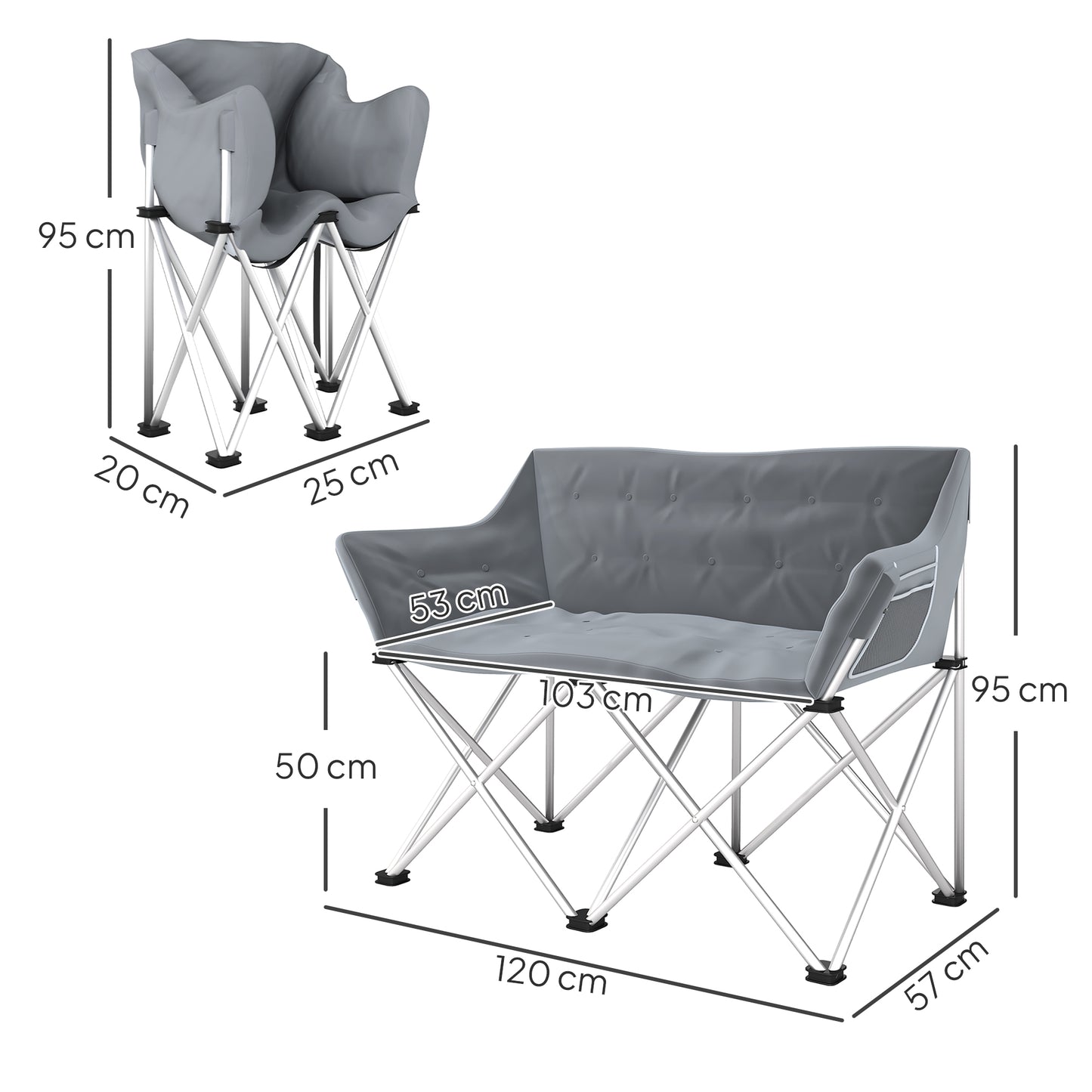 Outsunny Faltstuhl 2 Sitzer faltbar Campingstuhl mit Armlehnen Seitentasche bis 240kg belastbar Grau