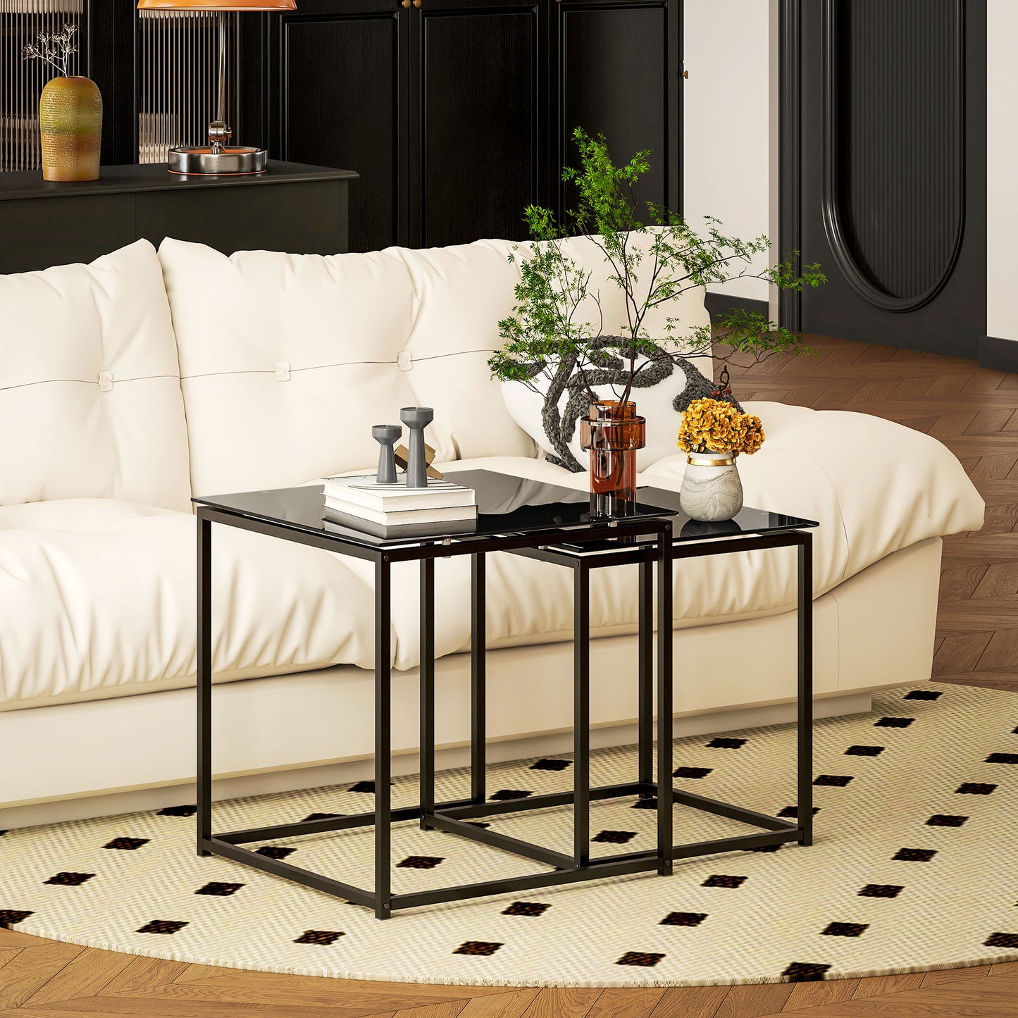 HOMCOM 2er-Set Beistelltische, modernes Design, stapelbar, Glastisch, Schwarz