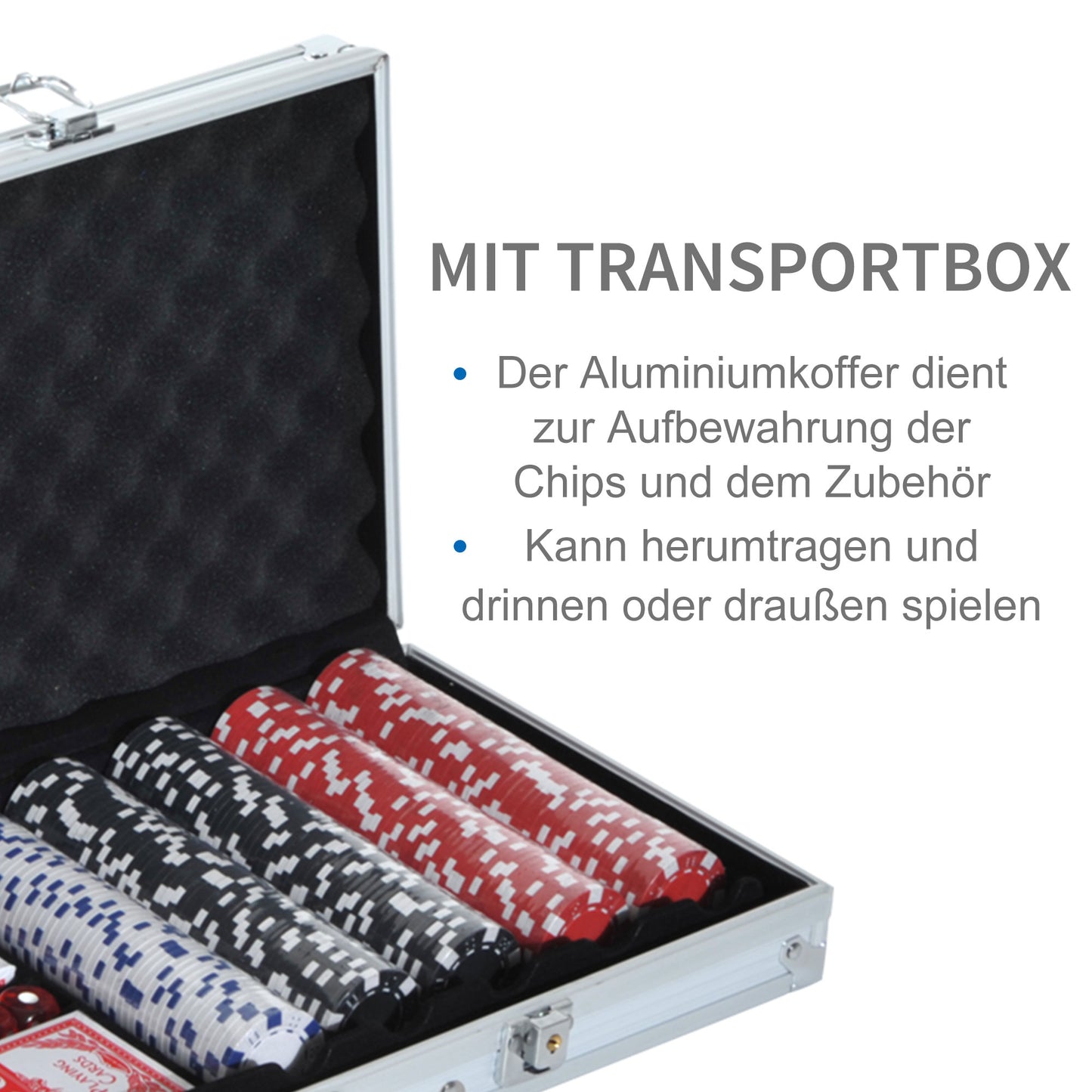 HOMCOM Pokerset, 500 Chips, 2 Kartendecks, 5 Würfel, Aluminium-Koffer, verschließbar
