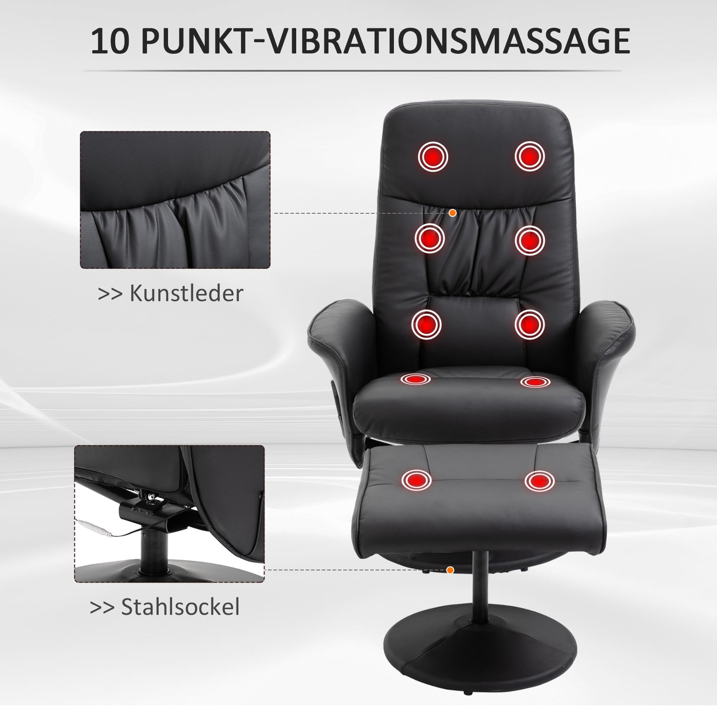 HOMCOM Relaxsessel mit Fußhocker, Elektrischer Massagesessel mit Liegefunktion, 10 Massagepunkte, Drehbarer Fernsehsessel mit Seitentasche, Fernbedienung, Kunstleder, Schwarz