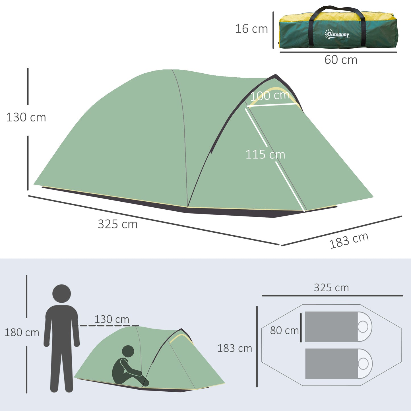 Outsunny Zelt für 2 Personen 190T Campingzelt mit Heringen Kuppelzelt Glasfaser Polyester Grün+Gelb 325 x 183 x 130 cm