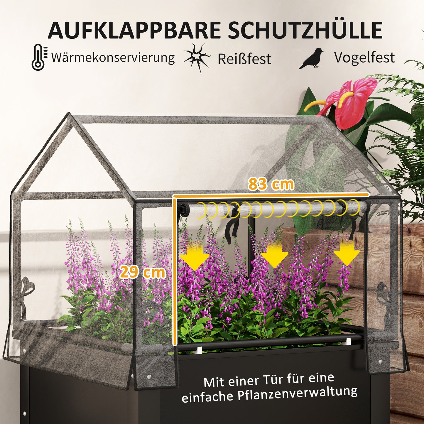 Outsunny Hochbeet mit Gewächshaus-Dach, Erhöhte Pflanzenbox mit Ablauflöchern, 60 x 60 x 120 cm, Schwarz