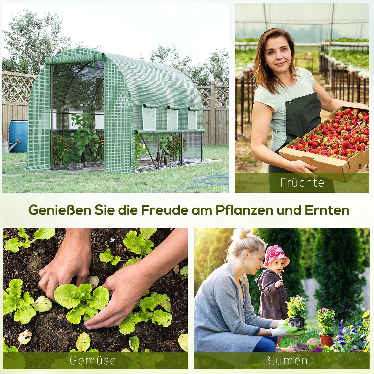 Outsunny Foliengewächshaus, 6 aufrollbare Fenster, Tür mit Reißverschluss, rostfreier Stahlrahmen, 2,95 x 2 x 2 m, Grün