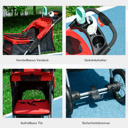 PawHut Hundewagen Hundebuggy mit 3 Rädern klappbar bis 10 kg Oxford Rot+Schwarz 109,5 x 54,5 x 106,5 cm