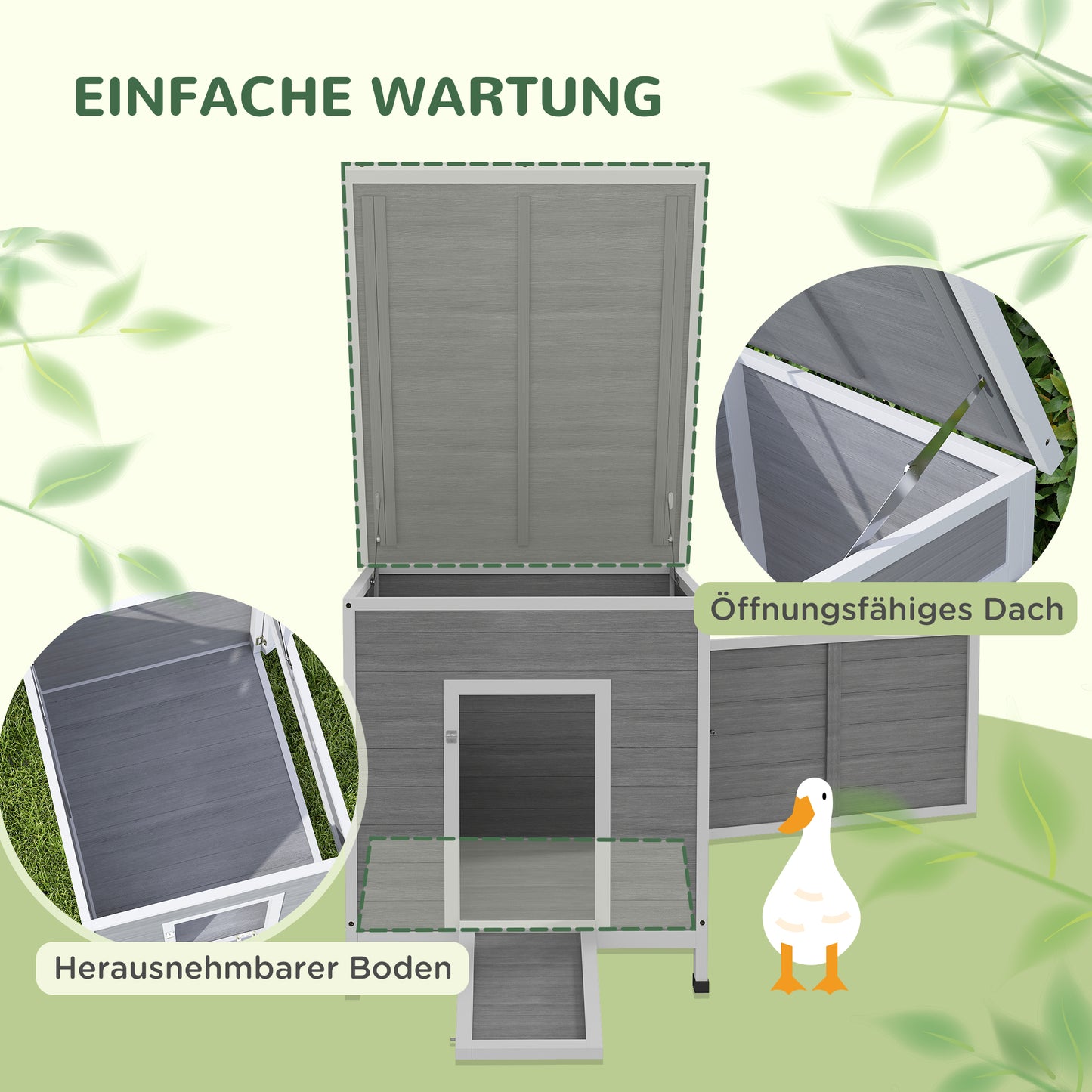 PawHut Entenstall, Entenhaus mit Seitentür, Belüftungslöchern, Geflügelstall Hühnerhaus aus Tannenholz, Gänsestall, Hühnerstall mit wasserdichtem Asphaltdach, 63 x 82 x 76 cm, Hellgrau