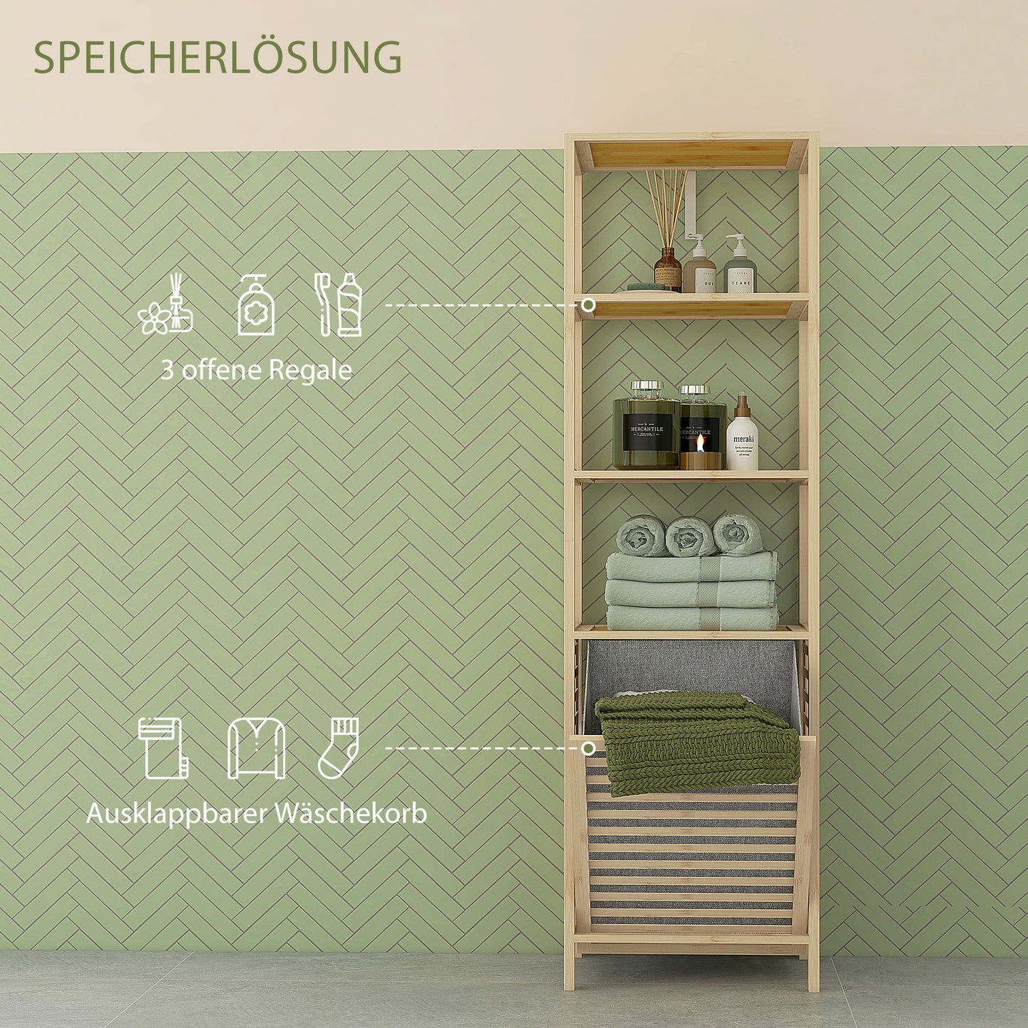 HOMCOM Badezimmerregal, mit Wäschesammler, 3 Regalböden, Bambusrahmen, 44x33x160cm, Natur