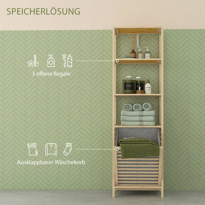 HOMCOM Badezimmerregal, mit Wäschesammler, 3 Regalböden, Bambusrahmen, 44x33x160cm, Natur