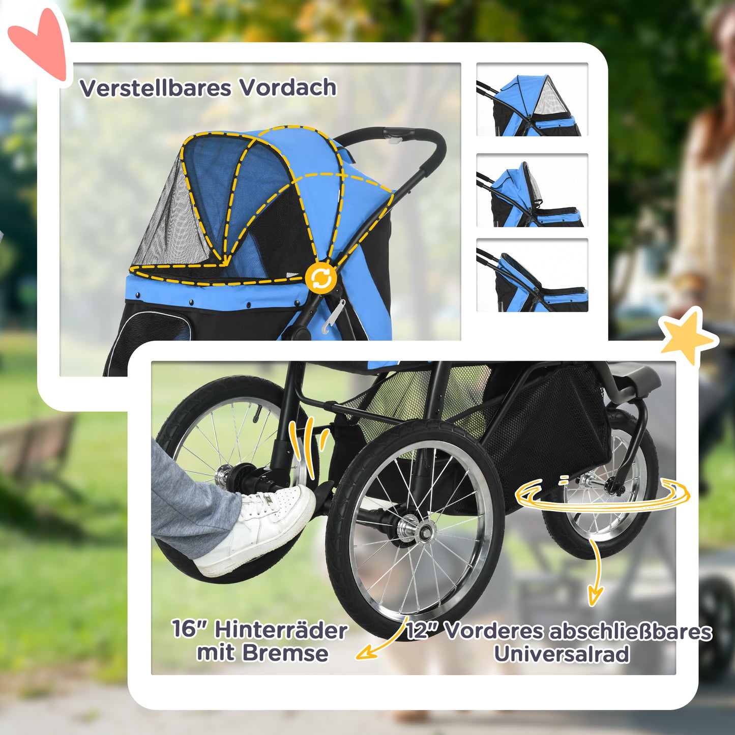PawHut Hundewagen Hundetrolley mit Jogger-Funktion bis 20 kg Klappbar Netzfenster, Ablagekorb, Blau, 111 x 58 x 107 cm