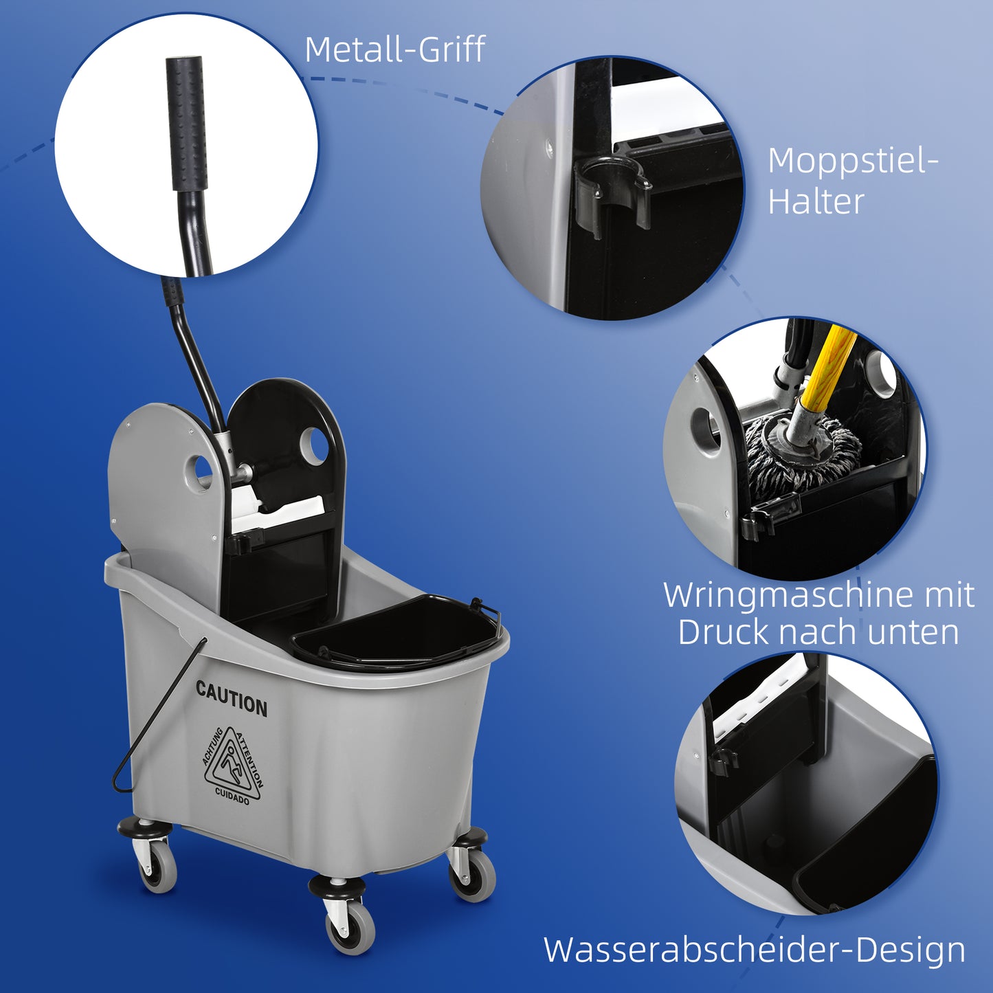 HOMCOM Wischwagen mit Mopp-Presse, 36L, Wassertrennwand, 4 Rollen, Schwarz/Grau