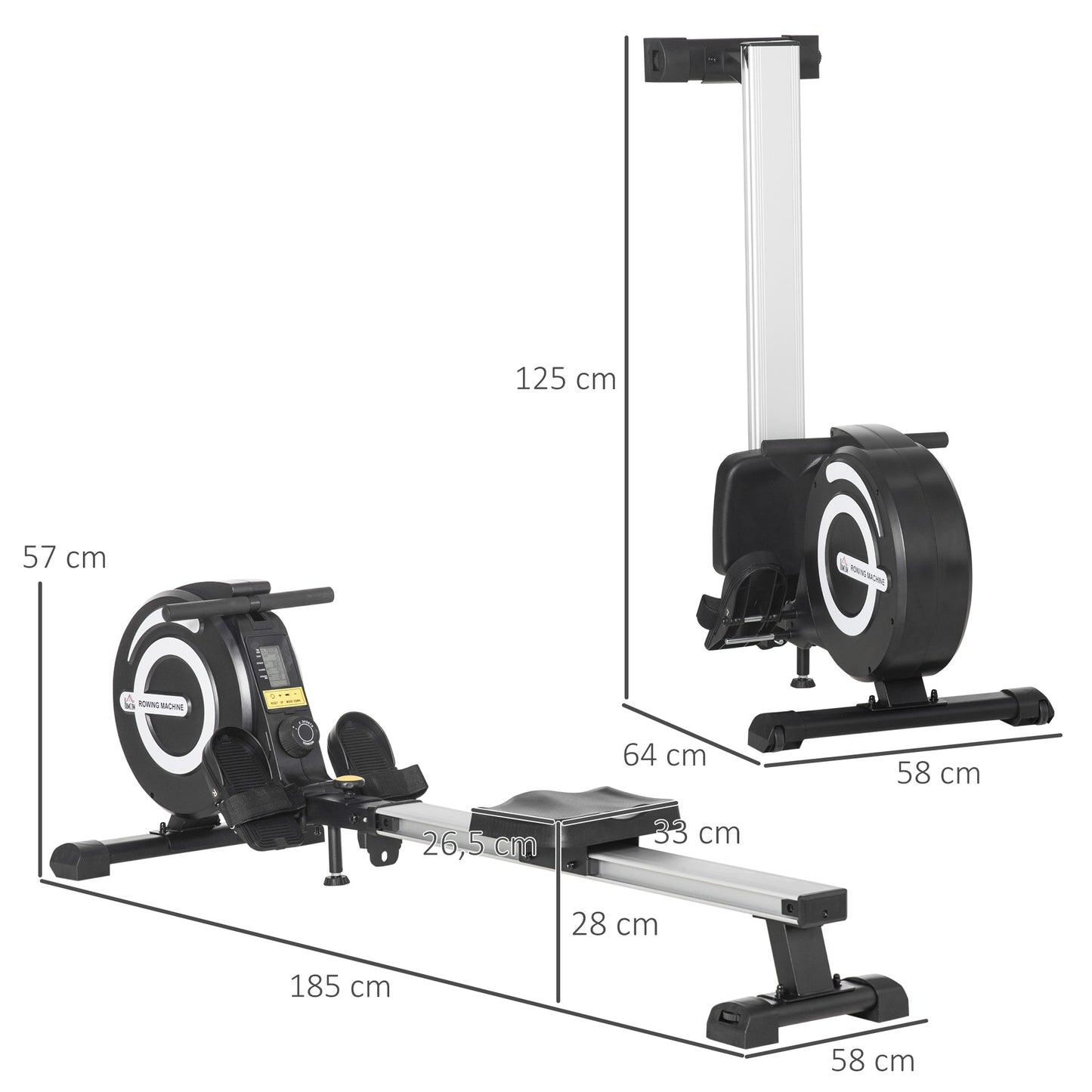 HOMCOM Rudergerät, klappbar, leiser Aluminiumrahmen, LCD-Monitor, 8 Stufen Widerstand, Schwarz/Silber