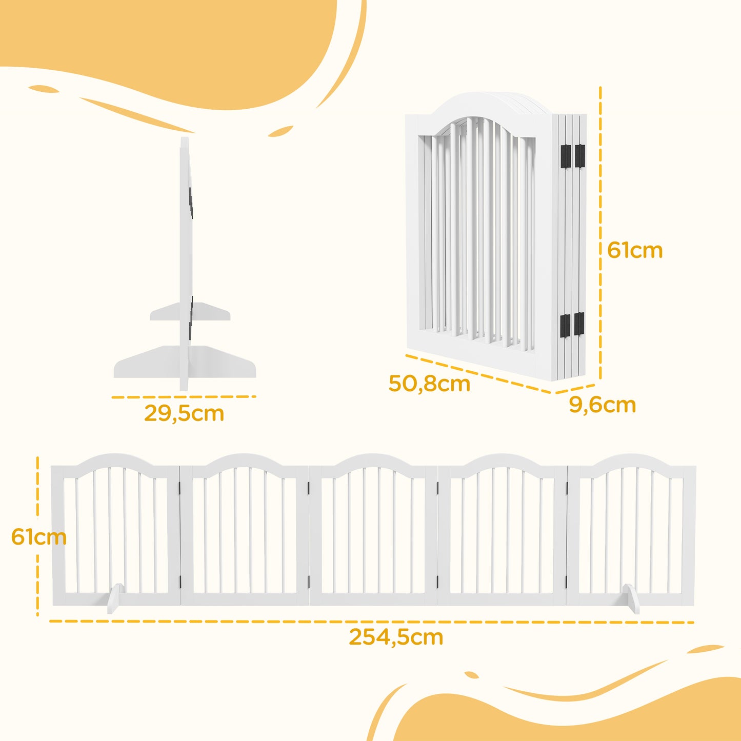 PawHut Hunde-Absperrgitter، 5 Paneele، klappbar، flexibel، Massivholz/MDF، 254,5x29,5x61 سم، Weiß
