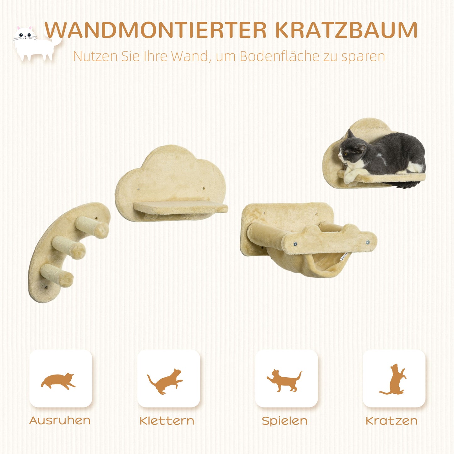 PawHut Katzentreppe، طقم مكون من 4 قطع، 3 قطع Sprossenleiter، 2 Plattformen، Hängematte، Plüschbezug، بيج