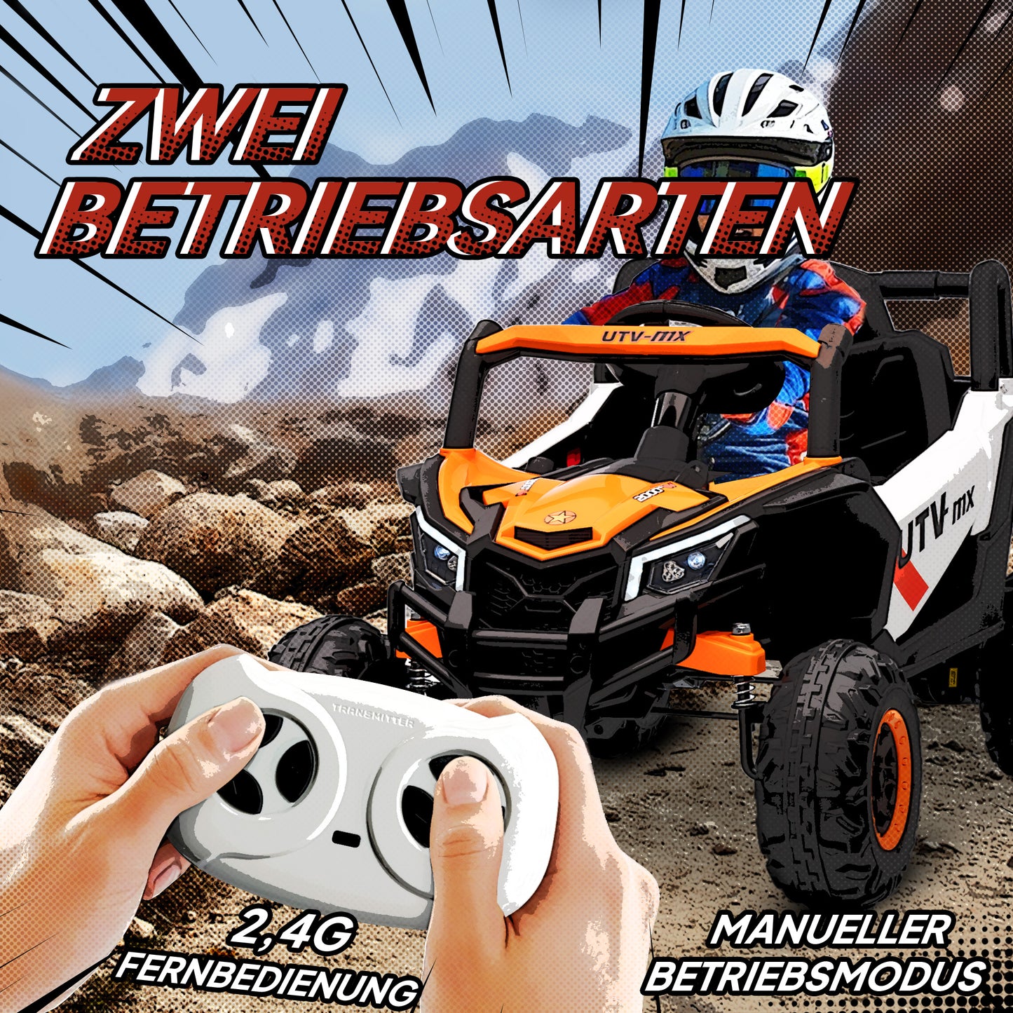 AIYAPLAY 12V Elektroauto für Kinder, Fernbedienungsfunktion, Gurt, Hupe, LED-Lichter, USB-Port, för 3-5 Jahre, Orange