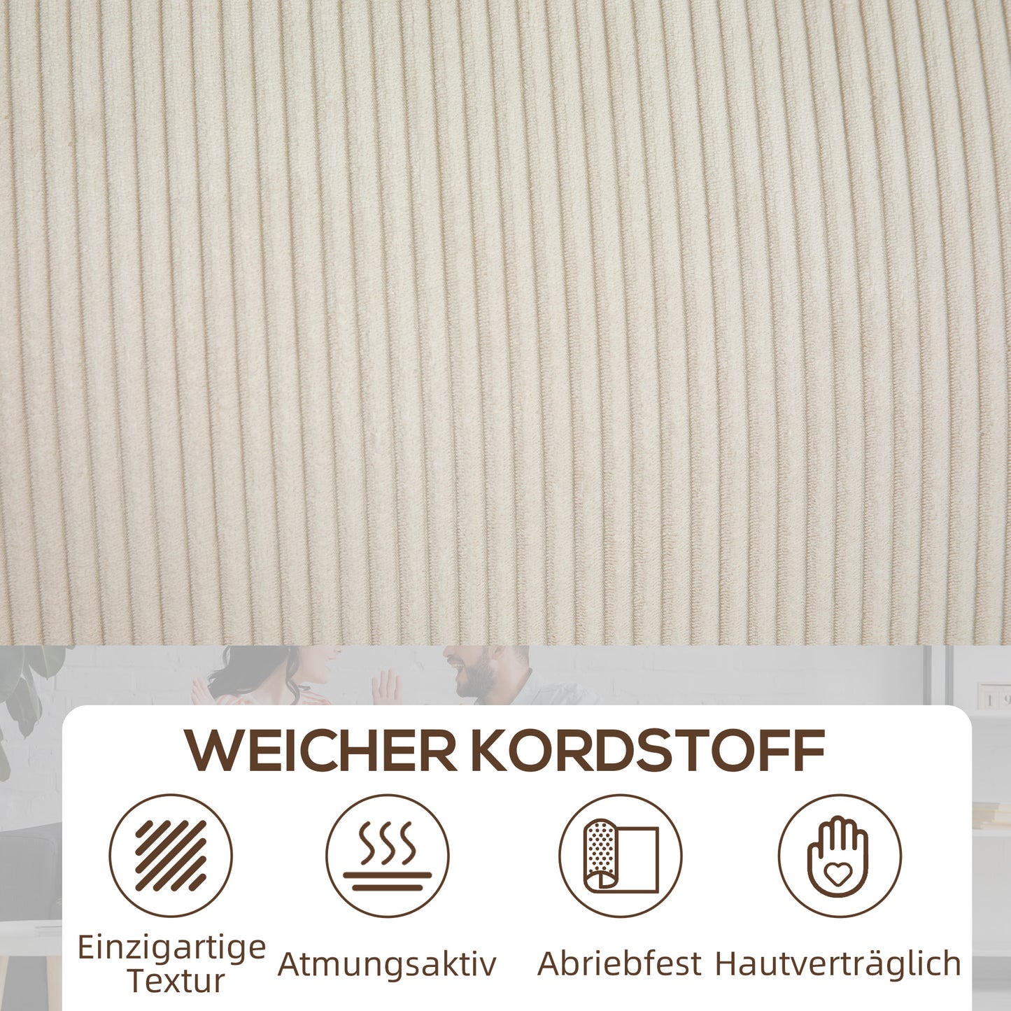 HOMCOM 3-Sitzer Sofa mit Cordbezug, Wohnzimmersofa mit Federkern, bis 400 kg, 227 x 84 x 87 cm, Cremeweiß