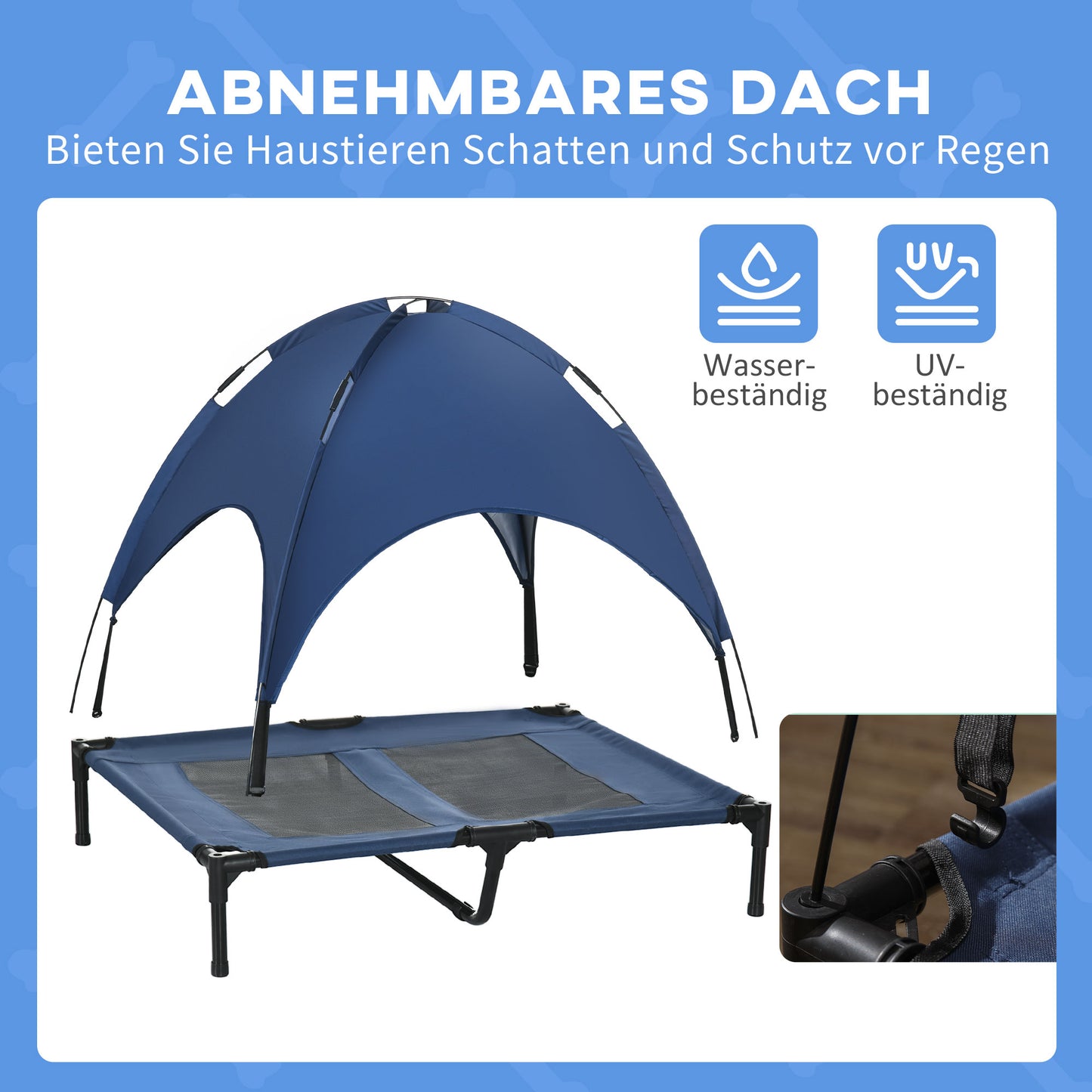 PawHut Hundebett mit Baldachin, Outdoor-Hundebett, klappbar, erhöhter Stand, Blau + Schwarz