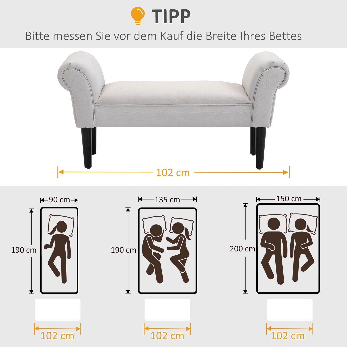 HOMCOM Bettbank, Polsterbank, Sitzbank, Flurbank für Schlafzimmer, bis 130 kg Belastbar, Segelstoff, Grau, 102 x 36 x 51 cm
