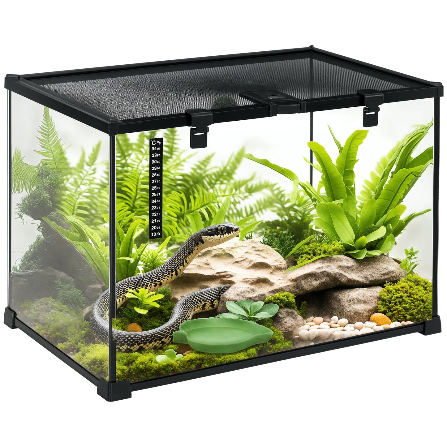 PawHut Terrarium für Reptilien Reptile Fütterungsbox Glasterrarium Amphibien Spinnentiere mit Thermometer Reptilienzuchtbox Metall Schwarz 50 x 30 x 35 cm