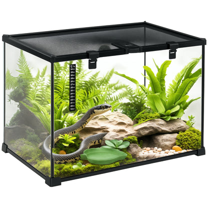 PawHut Terrarium für Reptilien Reptile Fütterungsbox Glasterrarium Amphibien Spinnentiere mit Thermometer Reptilienzuchtbox Metall Schwarz 50 x 30 x 35 cm