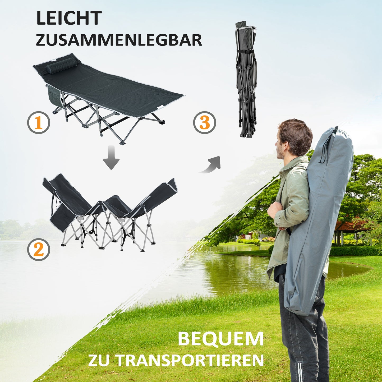 Outsunny Campingbett, klappbares Feldbett mit Kopfkissen, 188 x 64,5 x 53 cm, Grau