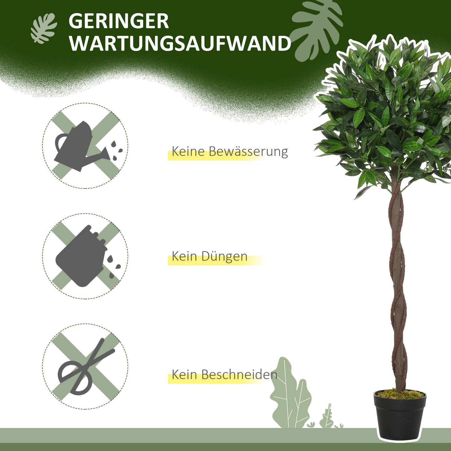Outsunny 2er-Set Künstlicher Lorbeerbaum, 120 cm, Kunstpflanzen im Zementtopf, Kunststoff-Pflanzen für drinnen und draußen, Grün