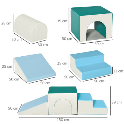 HOMCOM Bausteinset 4er-Set Schaumstoff Bausteine einfache Reinigung weiche Füllung Schaumstoffblöcke für 1-3 Jahre Kinder EPE Hellgrau+Blau+Grün 150 x 50 x 39 cm