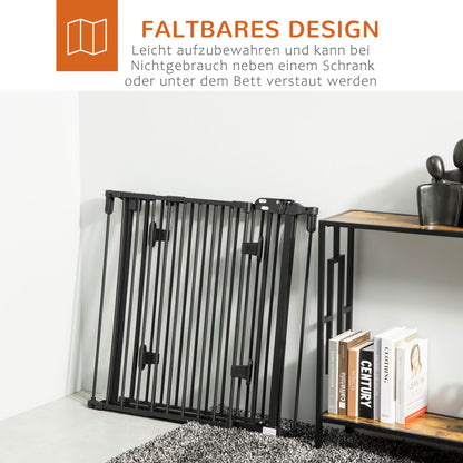 PawHut Hunde Absperrgitter Türschutzgitter Haustierschutzgitter verstellbar klappbar Kamingitter mit automatische schließenden Tür 3 Paneele für Ofen Wandmontage/Freistehend Schwarz 202,5 x 76 cm
