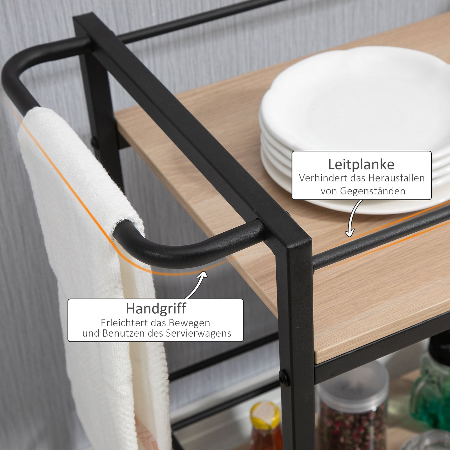 HOMCOM Küchenwagen Servierwagen mit 2 Ablagen, Reling, Stahl, Schwarz+Holz 82 x 40 x 75cm