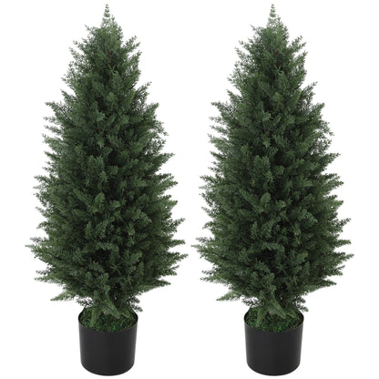 HOMCOM 2er-Set Künstliche Zypressen, Kunstbäume mit 831 Blättern, mit Zementtopf, UV-beständig, Kunstpflanze, 90 cm, Grün